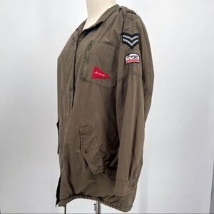 Zara woman olive green long military jacket size small BoxV patches